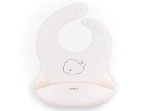 Śliniak silikonowy z kieszonką kremowy 6m+ BAMBOOM