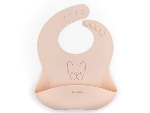 Śliniak silikonowy z kieszonką różowy 6m+ BAMBOOM